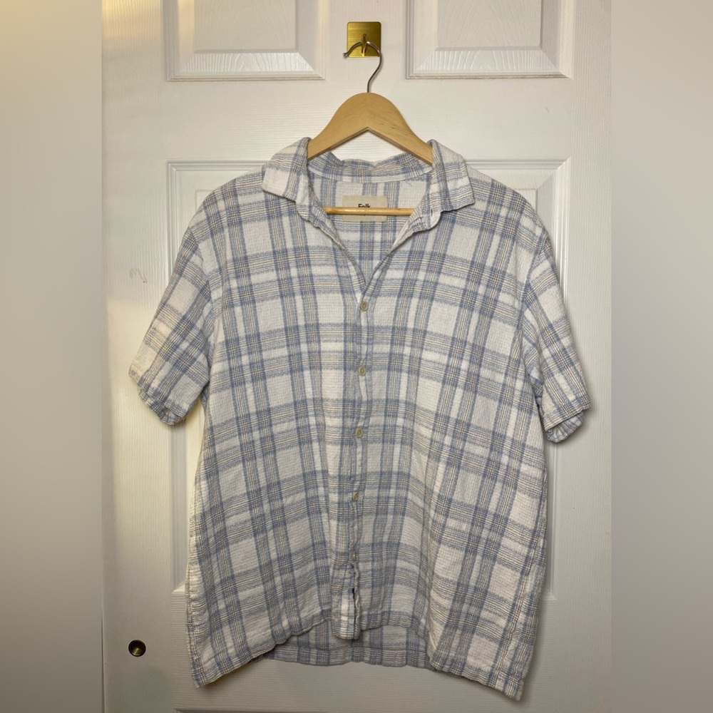 Folk | Large Linen Shirt Mens Curtis Waffle Knit Short Sleeve Plaid White